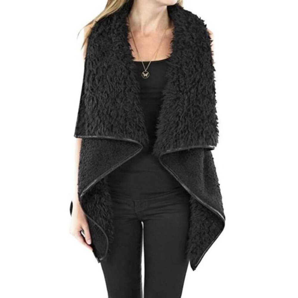 Faux Fur Oversized Hi Lo Vest with Faux Leather Trim - Goth, Grunge, Minimalist